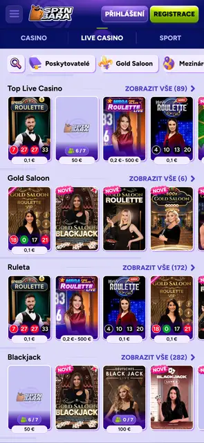 Spinbara: živé casino se stoly Gold Saloon, ruletou a blackjackem