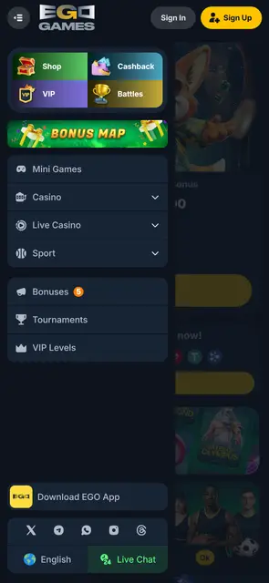 Hlavní menu s bonusy, turnaji a VIP úrovněmi v mobilní verzi EgoGames